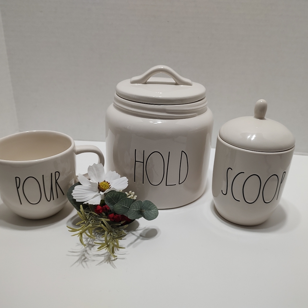 Rae Dunn Bundle: HOLD Canister, POUR Creamer, and SCOOP Sugar Containers